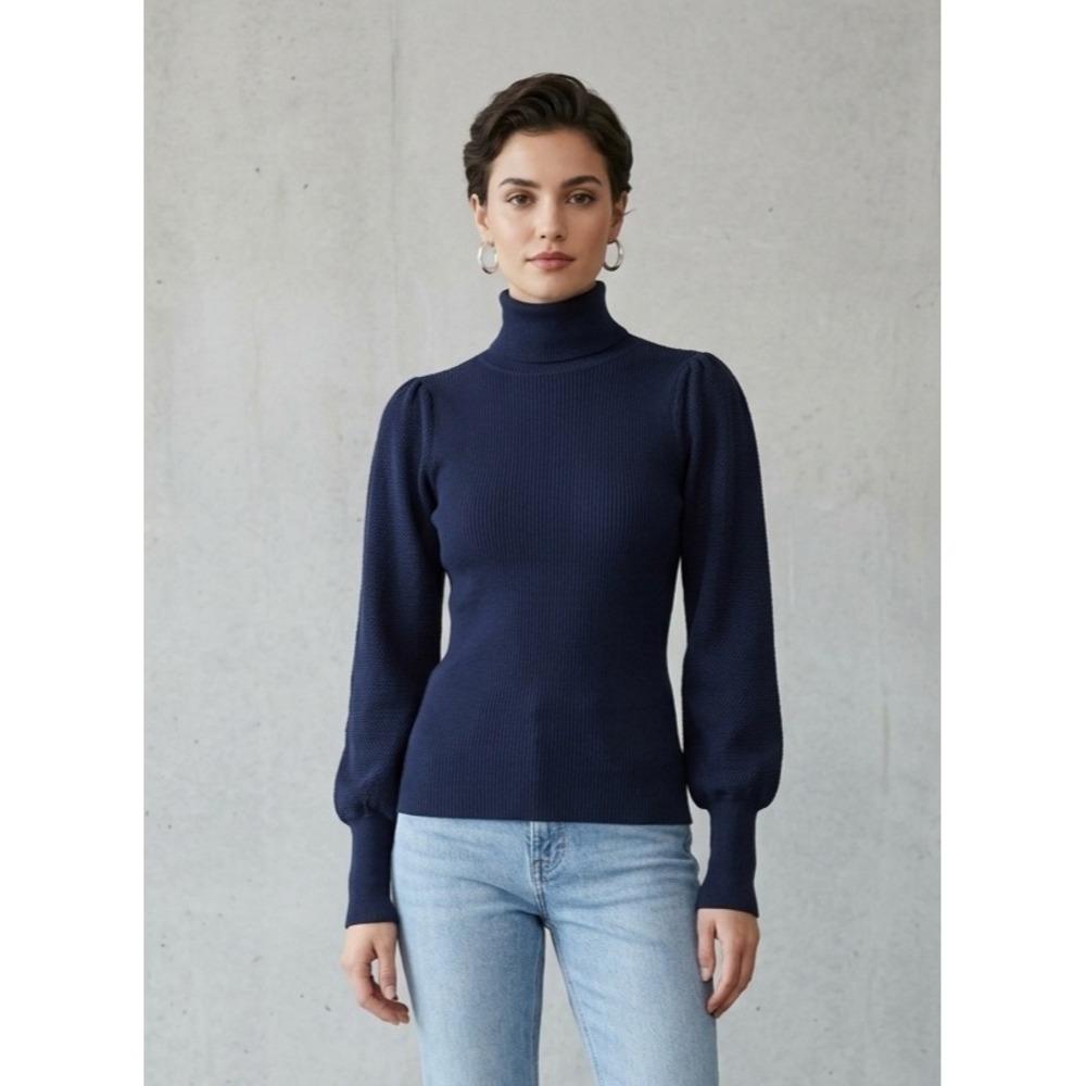 &merci Navy Blue Ribbed Knit Puff Sleeve Turtleneck Sweater S